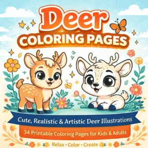 Cute deer coloring pages cover featuring adorable deer illustrations and the title Deer Coloring Pages, printable coloring book PDF for kids and adults.