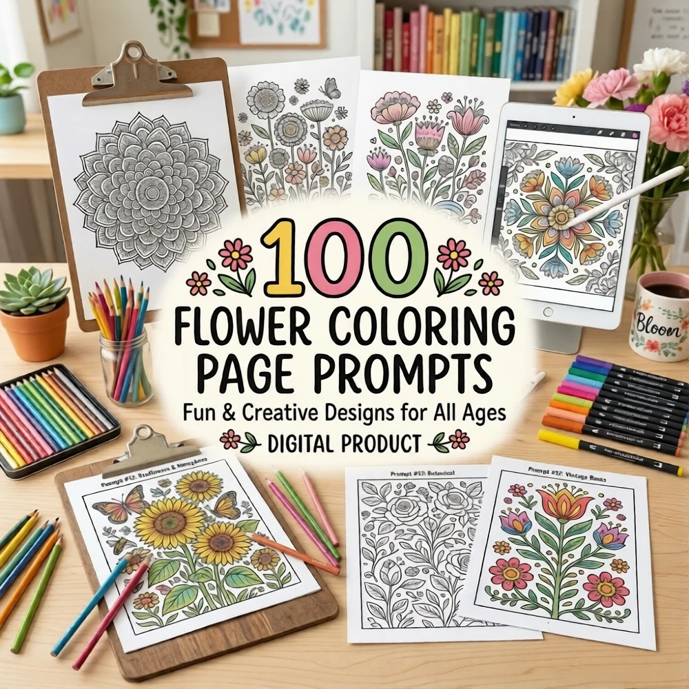 flower coloring page prompts cover with colorful floral design for printable coloring pages