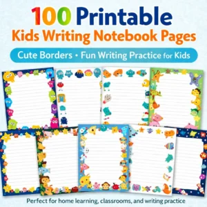 100 printable kids writing notebook pages with cute decorative borders for handwriting practice