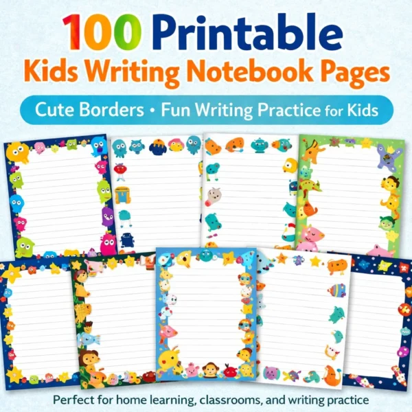 100 printable kids writing notebook pages with cute decorative borders for handwriting practice