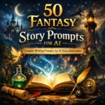 "Book cover for 50 Fantasy Story Prompts for AI with magical book, castle towers, dragon, and fantasy writing theme."