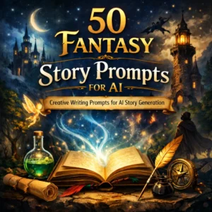"Book cover for 50 Fantasy Story Prompts for AI with magical book, castle towers, dragon, and fantasy writing theme."