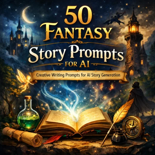 "Book cover for 50 Fantasy Story Prompts for AI with magical book, castle towers, dragon, and fantasy writing theme."