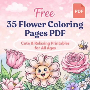 Free 35 flower coloring pages PDF cover with cute and relaxing floral designs for kids and adults