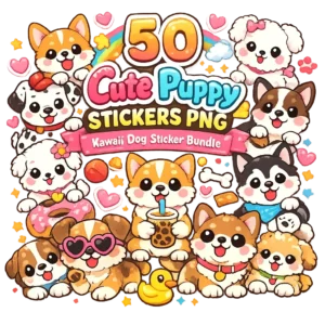 50 cute puppy stickers PNG bundle featuring kawaii cartoon dog stickers with transparent background