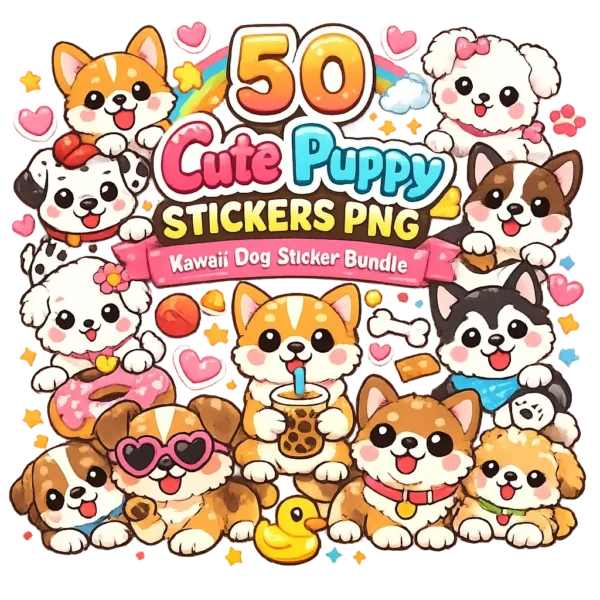 50 cute puppy stickers PNG bundle featuring kawaii cartoon dog stickers with transparent background