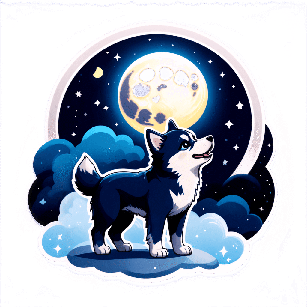 Kawaii puppy sticker PNG featuring a cute black and white puppy standing on fluffy clouds under a glowing full moon and starry night sky, with a transparent background.