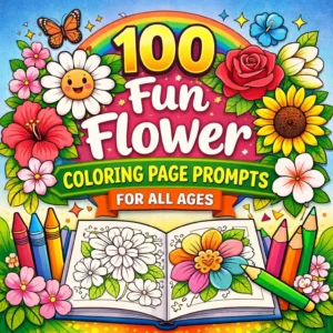 Colorful cover of 100 fun flower coloring page prompts featuring vibrant flowers, coloring tools, and a creative design for all ages