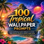 Tropical wallpaper prompts cover featuring vibrant beach, jungle, and island design with bold title and colorful sunset background