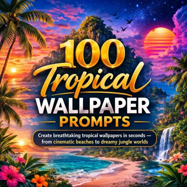 Tropical wallpaper prompts cover featuring vibrant beach, jungle, and island design with bold title and colorful sunset background