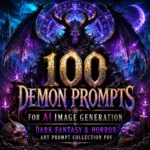Dark fantasy horror book cover featuring a powerful horned demon surrounded by glowing runes, gothic ruins, swirling smoke, embers, and dramatic crimson-purple lighting. Cover art for 100 Demon Prompts for AI Image Generation.