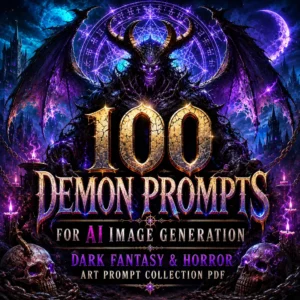 Dark fantasy horror book cover featuring a powerful horned demon surrounded by glowing runes, gothic ruins, swirling smoke, embers, and dramatic crimson-purple lighting. Cover art for 100 Demon Prompts for AI Image Generation.