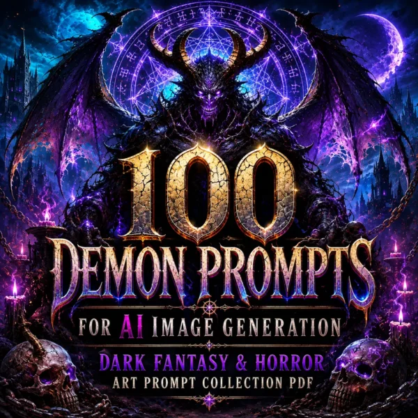 Dark fantasy horror book cover featuring a powerful horned demon surrounded by glowing runes, gothic ruins, swirling smoke, embers, and dramatic crimson-purple lighting. Cover art for 100 Demon Prompts for AI Image Generation.