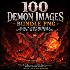 100 Demon Images Bundle PNG Cover featuring dark fantasy demon artwork, horror-inspired mythical creature, and supernatural AI art collection