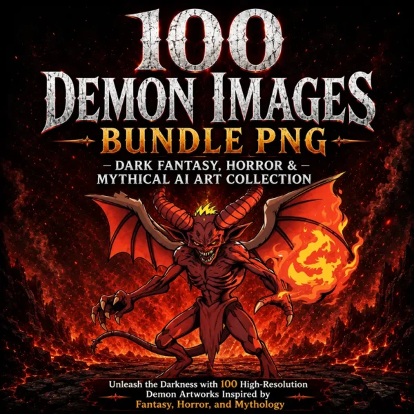 100 Demon Images Bundle PNG Cover featuring dark fantasy demon artwork, horror-inspired mythical creature, and supernatural AI art collection