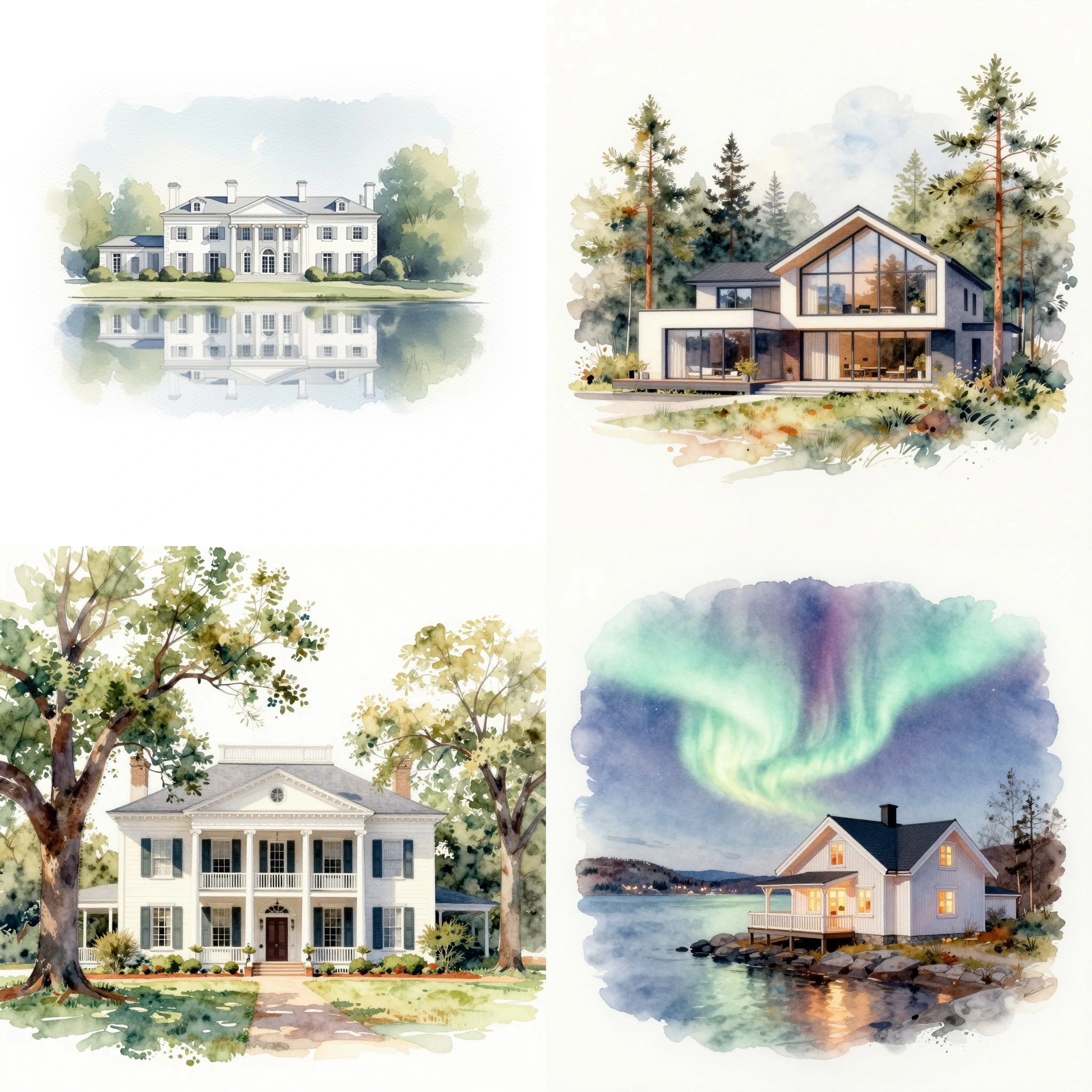 Preview of the 100 Watercolor Homes Collection featuring elegant watercolor illustrations of luxury homes, modern houses, lakeside cottages, and architectural residences.