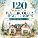 120 Premium Watercolor Home Prompts PDF cover featuring a watercolor house illustration for AI art prompt bundle with architectural home designs.