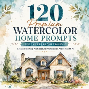 120 Premium Watercolor Home Prompts PDF cover featuring a watercolor house illustration for AI art prompt bundle with architectural home designs.