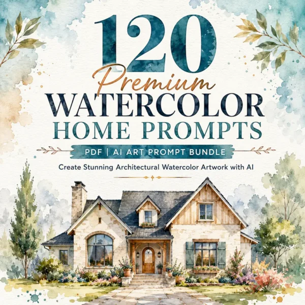 120 Premium Watercolor Home Prompts PDF cover featuring a watercolor house illustration for AI art prompt bundle with architectural home designs.