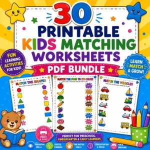30 Printable Kids Matching Worksheets PDF Bundle cover featuring colorful preschool learning activities and educational matching games