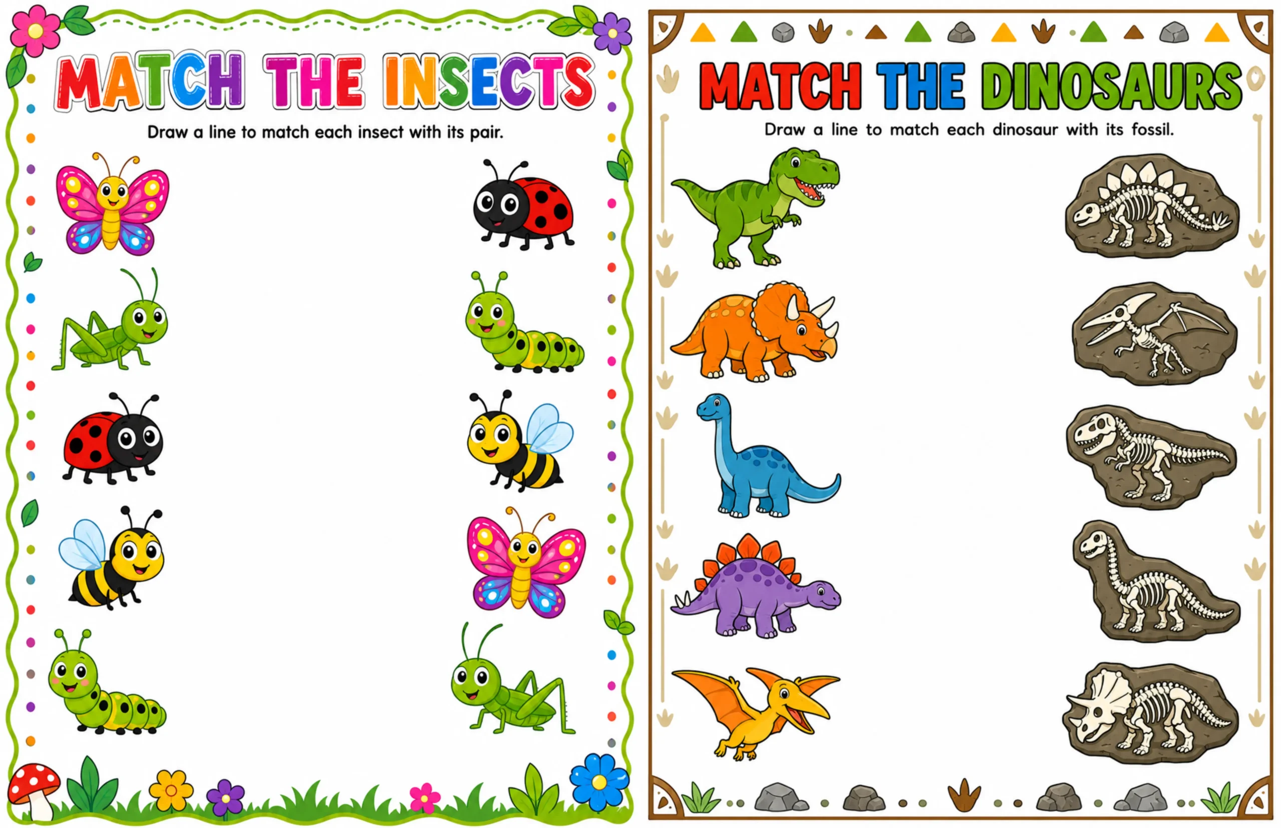 Preview of printable kids matching worksheets featuring insect matching and dinosaur matching activities for preschool and kindergarten.