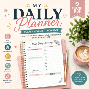 Printable Daily Planner PDF cover featuring a colorful productivity planner design with daily schedule, priorities, tasks, notes, and goal planning sections.